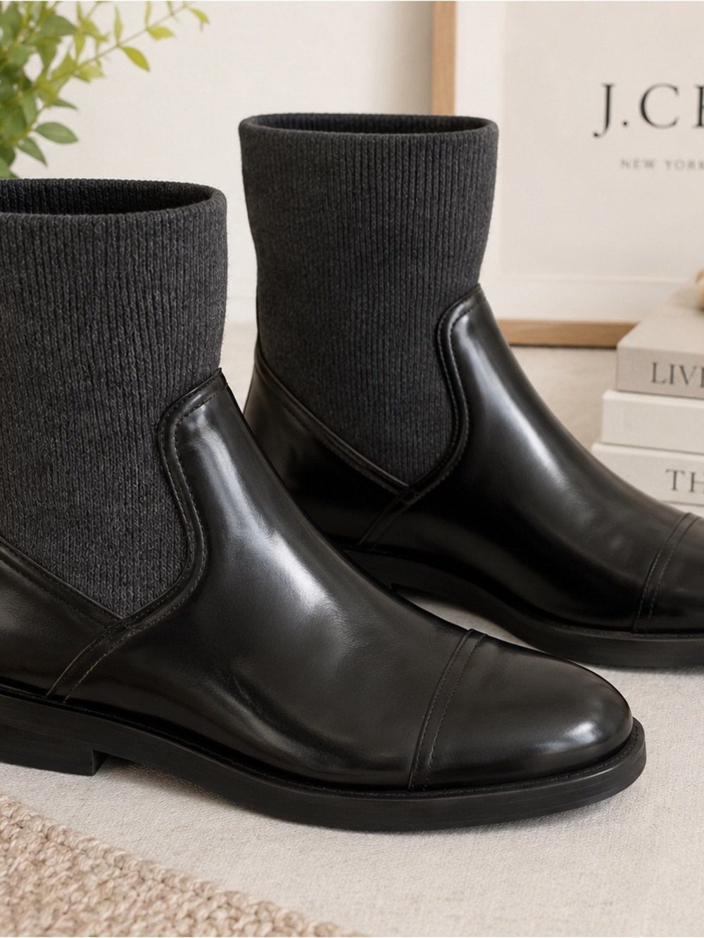 J Crew Sweater Spazzo Ribbed Italian Leather 9.5 Women Black Boots Pull-On NWOB